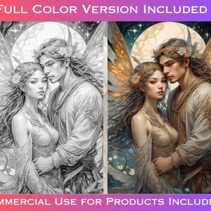 May include: A black and white coloring page featuring a couple with wings. The man has a crown of leaves on his head and the woman has a flower crown. They are standing in front of a full moon with stars in the background.