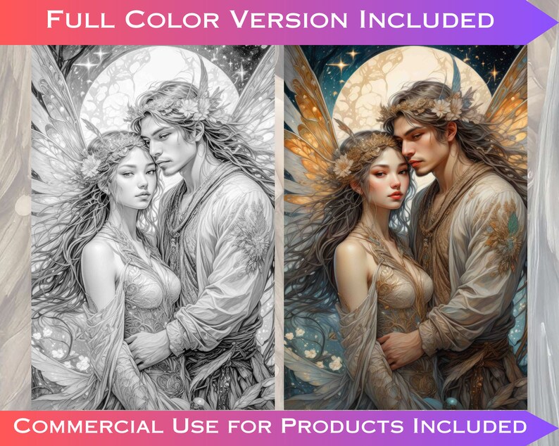 May include: A black and white coloring page featuring a couple with wings. The man has a crown of leaves on his head and the woman has a flower crown. They are standing in front of a full moon with stars in the background.