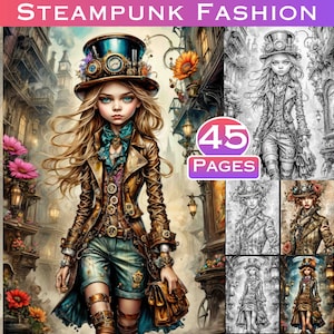 May include: A steampunk-style illustration of a woman wearing a brown leather jacket, blue shorts, and a large, ornate hat with gears. The illustration is set in a city street with buildings and flowers.