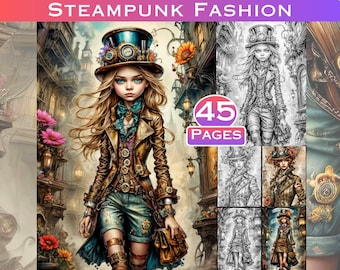 Steampunk Fashion Show Coloring Book Set Printable Coloring Book for Adults. Digital Download Grayscale Coloring PageS. Commercial.