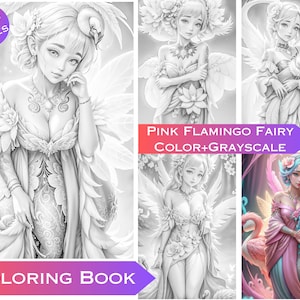 58 Pink Flamingo Fairies Coloring Book. Printable Coloring Page for Adults. Coloring Book Digital Download Grayscale Coloring Commercial Use