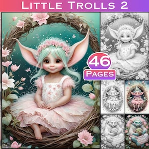 Cute Little Trolls Grayscale Coloring Book for Adults and Children, Set 2, Printable PDF Instant Download Greyscale and Full Color Files