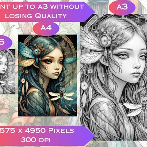 May include: A black and white digital illustration of a fairy with butterfly wings and a dragonfly. The image is labelled "A3" and "Print up to A3 without losing quality".
