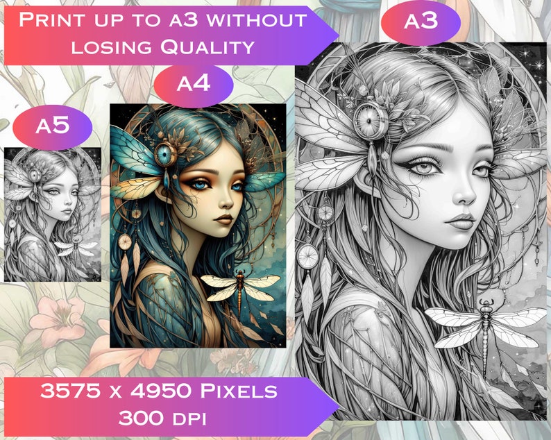 May include: A black and white digital illustration of a fairy with butterfly wings and a dragonfly. The image is labelled "A3" and "Print up to A3 without losing quality".