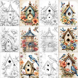 May include: A set of 12 printable coloring pages featuring birdhouses with intricate details and birds. The birdhouses are surrounded by flowers and foliage. The pages are perfect for adults and children who enjoy coloring.