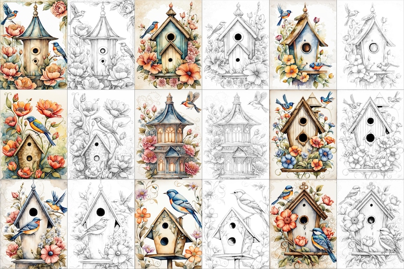 May include: A set of 12 printable coloring pages featuring birdhouses with intricate details and birds. The birdhouses are surrounded by flowers and foliage. The pages are perfect for adults and children who enjoy coloring.