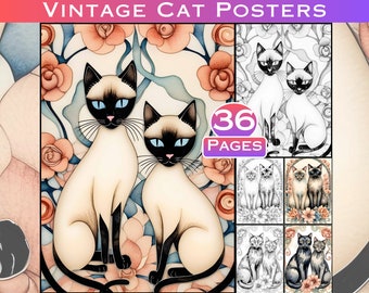 Vintage Katzen Poster: Graustufen Erwachsenes Malbuch mit 36 Seiten, digitaler Download