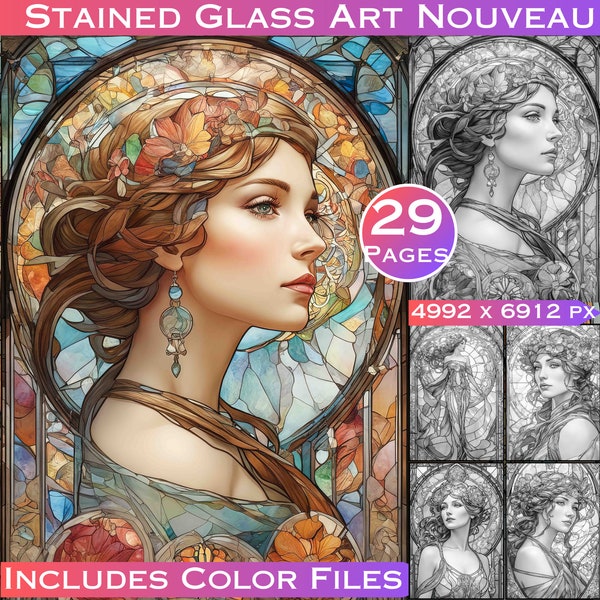 Livre de coloriage Art nouveau en vitrail inspiré des chefs-d'œuvre d'Alphonse Mucha et de la beauté intemporelle de l'Art nouveau pour adultes en niveaux de gris