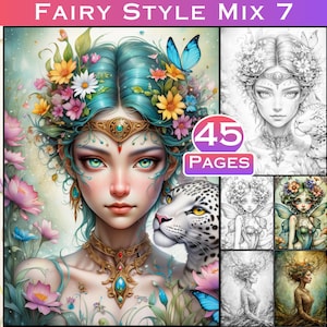 Könnte beinhalten: Ein Malbuch mit 45 Seiten mit verschiedenen Feenillustrationen. Das Cover zeigt eine Fee mit blauen Haaren und einer weißen Katze. Die Fee trägt eine goldene Krone und Halskette. Der Hintergrund ist ein farbenfrohes Blumenmuster.