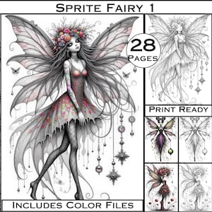 May include: A digital art print titled "Sprite Fairy 1" showing a detailed illustration of a fairy with large, detailed wings. The fairy wears a floral crown and a colourful dress. The image includes the text "28 PAGES", "PRINT READY", and "INCLUDES COLOR FILES".