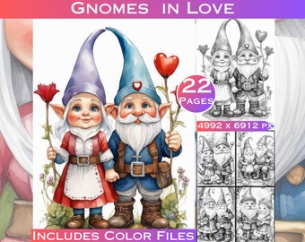 May include: A watercolor illustration of two gnomes in love. The female gnome is wearing a red and white dress and holding a red rose. The male gnome is wearing a blue and white outfit and holding a red heart balloon. The illustration includes 22 pages and is 4992 x 6912 pixels.