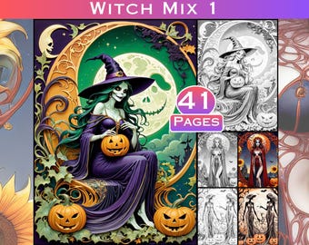 May include: A coloring book with 41 pages featuring a witch with green skin and long green hair sitting on a throne with pumpkins. The witch is wearing a purple dress and a black hat. The background is a dark green and brown forest with a full moon.