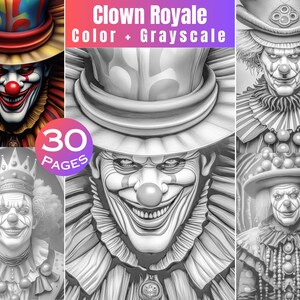 Clown Royale set 2 de 2. 30 Clowns Coloring Pages Escala de grises + Archivos de color. Tarjetas de Halloween para imprimir. Elaboración de Postales, Descarga Digital