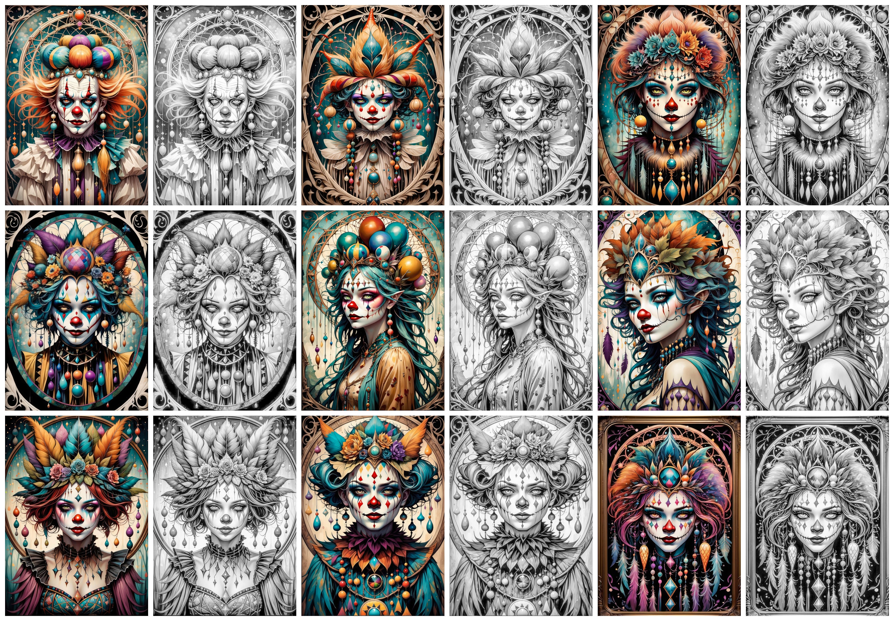 Art Nouveau Jester Colouring Pages: 45 Grayscale & Color Images ...