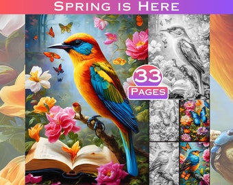 Spring Grayscale Coloring Book: Birds, Flowers, Insects (PDF Download)