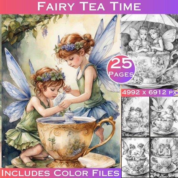 25 Fairy Tea Time Fairies in a Cup Grey Scale Digital Colouring Pages for Adults Fantasy Coloring. Grayscale Coloring Book Download