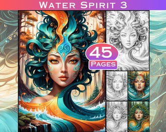 May include: A digital art print titled "Water Spirit 3" featuring a woman with teal and orange hair and intricate face paint. The image includes a "45 Pages" graphic and several smaller portraits.