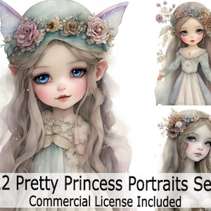 May include: A set of 22 digital illustrations featuring watercolour portraits of princesses with delicate floral crowns and whimsical details. The princesses have long, flowing hair and expressive eyes. The set includes a commercial licence.