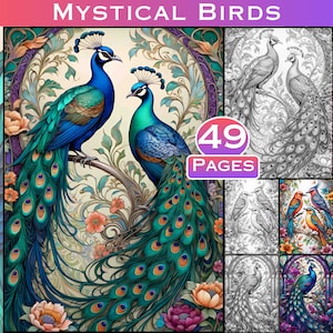 Mystical Birds Grayscale Kolorowanka Fantasy Kolorowanki Mistyczne Kolorowanki Dla Dorosłych w Skali Szarości DużeDruki Cyfrowe Użytek Komercyjny