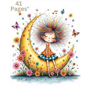 Quirky Moon Fairy Girl 1 Digital Coloring Book for Adults Fantasy Moon Fairy Sitting on the Crescent Moon Grayscale Coloring Pages.