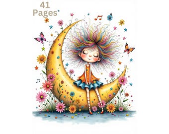 May include: A colorful illustration of a girl with rainbow hair sitting on a yellow crescent moon. The moon is surrounded by flowers and butterflies. The image includes the text "41 Pages".