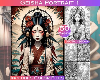 50 Geisha Portrait 1 Art Nouveau Grayscale Digital Coloring Page Geisha Dress Coloring book, Geisha Fashion Art, Geisha Girl,Geisha Japan