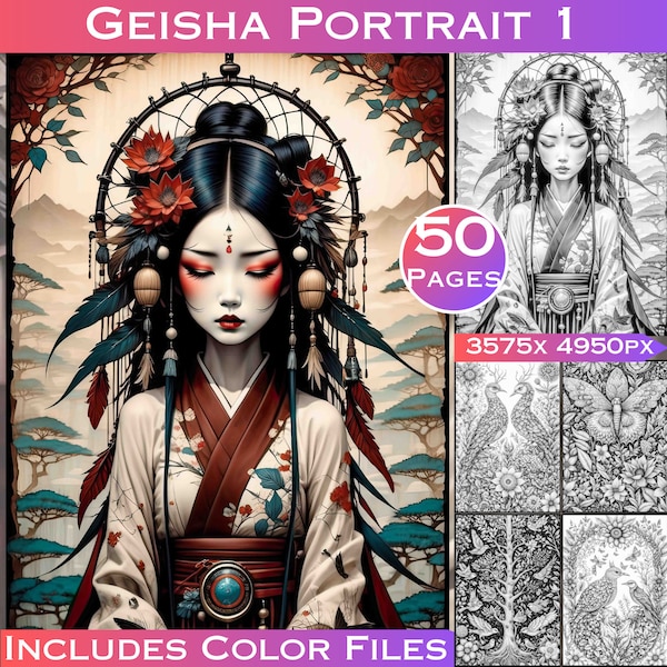 50 portrait de geisha 1 livre de coloriage numérique art nouveau en niveaux de gris robe de geisha à colorier, art de la mode geisha, geisha girl, geisha du japon