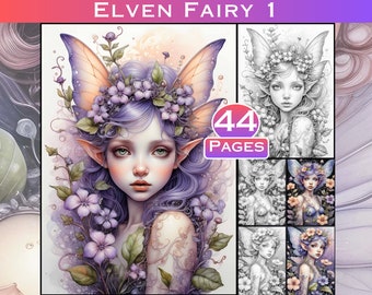 May include: A colorful illustration of an elven fairy with purple hair, butterfly wings, and a flower crown. The fairy is surrounded by flowers and has a soft, dreamy expression. The image is part of a coloring book with 44 pages.