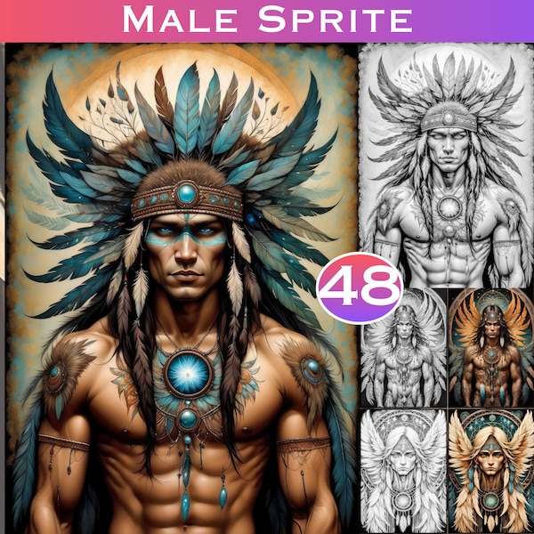 Male Tribal Sprite Fairy in the Art Nouveau Style Grey Scale Digital Colouring Pages. Fantasy Adult Coloring Book. Colour Files Included