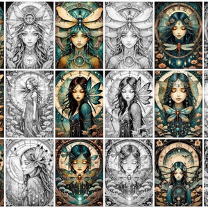 May include: A digital collage of 12 images featuring a fairy-like figure with dragonfly wings. Each image has a different colour scheme and background, with some images in black and white. The figures are surrounded by clock faces and floral elements.