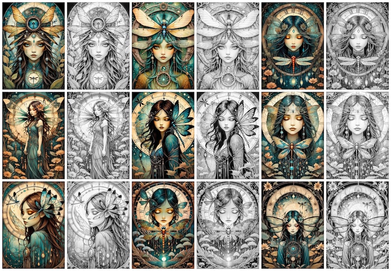 May include: A digital collage of 12 images featuring a fairy-like figure with dragonfly wings. Each image has a different colour scheme and background, with some images in black and white. The figures are surrounded by clock faces and floral elements.