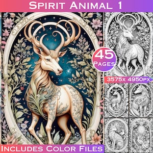 45 animales espirituales Set 1 con hermosos bordes florales Páginas para colorear en escala de grises Libro para colorear para adultos imprimible Descargar ilustración en escala de grises