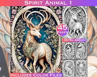 45 Spirit Animals Set 1 with Beautiful Floral Borders Grayscale Coloring Pages Printable Adult Coloring Book Download Grayscale Illustration