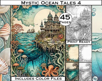 Libro para colorear Cuentos Místicos del Océano: 45 páginas del Reino Submarino (Descarga digital)