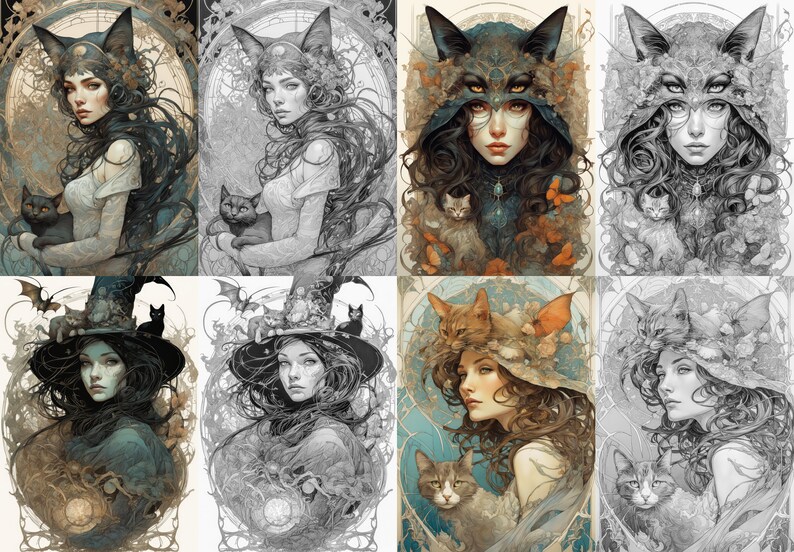 Może przedstawiać: Cyfrowy wydruk artystyczny przedstawiający kobietę z uszami kota i kotem u jej boku. Kobieta ma na sobie niebieską i złotą sukienkę oraz czarny kapelusz. Tło to szczeg&oacute;łowa ilustracja sceny leśnej.