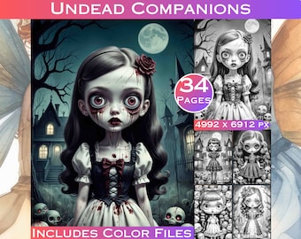 Zombie Puppen Graustufen Malbuch: 34 Untote Gefährten Seiten (Digitaler Download)