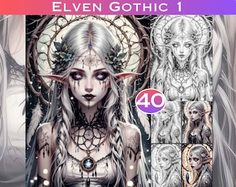 Libro da colorare Elven Goth: 40 pagine in scala di grigi con elfi vampiri (download digitale)