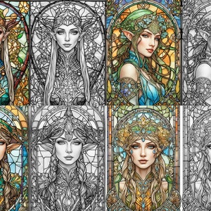 May include: A digital art collage of eight images featuring a female elf with long hair and a crown. The images are in a stained glass style with a variety of colors, including blue, green, yellow, and orange. Some images are in color, while others are in black and white.