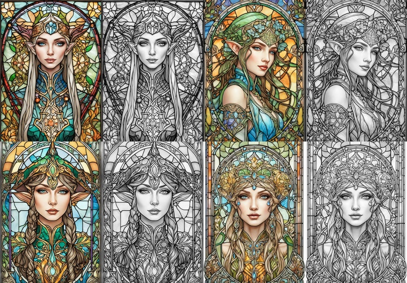 May include: A digital art collage of eight images featuring a female elf with long hair and a crown. The images are in a stained glass style with a variety of colors, including blue, green, yellow, and orange. Some images are in color, while others are in black and white.