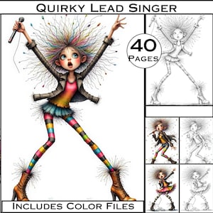 May include: A digital colouring book featuring a quirky lead singer with colourful hair and clothing. The book includes 40 pages and colour files. The singer is holding a microphone and has a colourful striped skirt and boots.