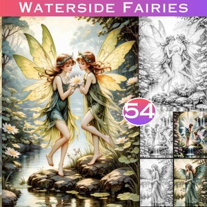 54 Waterside Fairies Grey Scale Digital Colouring Pages. Fantasy Grayscale Adult Coloring Book. Digital Download with Colour Files Included