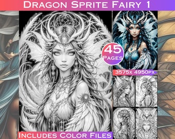 Libro para colorear de hadas, duendes y dragones: 45 páginas en escala de grises (descarga digital)