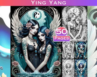 Libro para colorear de hadas del Ying Yang: 50 páginas de fantasía en escala de grises (descarga digital)