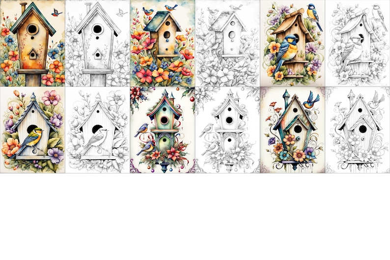 May include: A set of 10 printable coloring pages featuring birdhouses with intricate details and floral designs. Each page includes a colored version and a black and white outline for coloring.