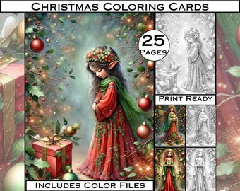 May include: Christmas coloring cards with 25 pages, print-ready, and includes color files. The image features a digital illustration of a girl in a red dress and green shawl, surrounded by Christmas ornaments and a wrapped gift box.