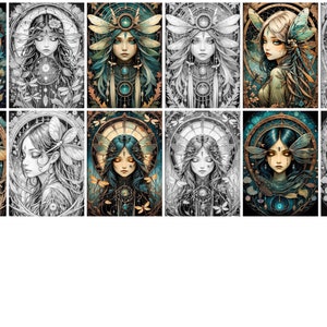 May include: A digital art collage of 12 images featuring a woman with dragonfly wings in various stages of completion. The images range from a fully coloured image to a black and white line drawing.