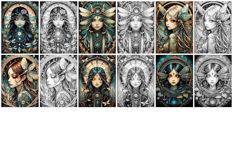 May include: A digital art collage of 12 images featuring a woman with dragonfly wings in various stages of completion. The images range from a fully coloured image to a black and white line drawing.