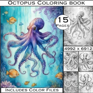 Octopus Grayscale Coloring Book: 15 Adult Coloring Pages (Digital Download)