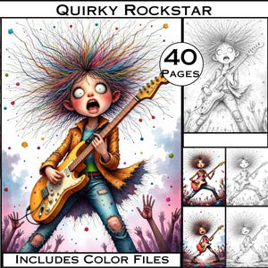 May include: A colorful illustration of a rockstar with wild hair playing a guitar. The illustration is surrounded by confetti and a crowd of people. The text "Quirky Rockstar" and "40 Pages" are at the top of the image. The text "Includes Color Files" is at the bottom of the image.