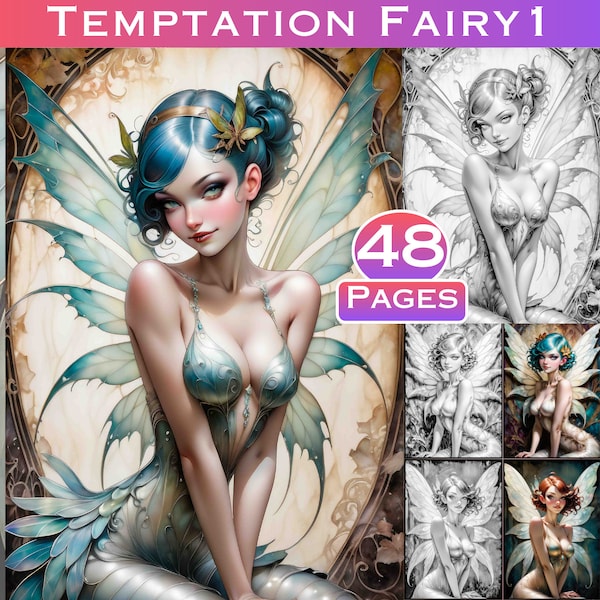 Temptation Fairy 1 of 4 Grey Scale Digital Colouring Pages Sexy Grayscale Adult Coloring Book Digital Download with Colour Files Included